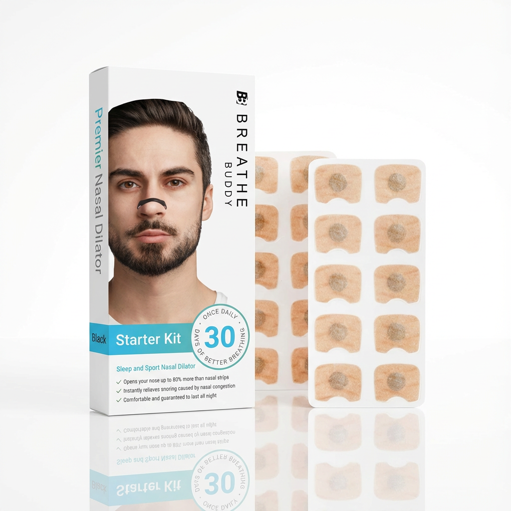 Breathe Buddy nasal strip starter kit packaging with a man's face on the box.