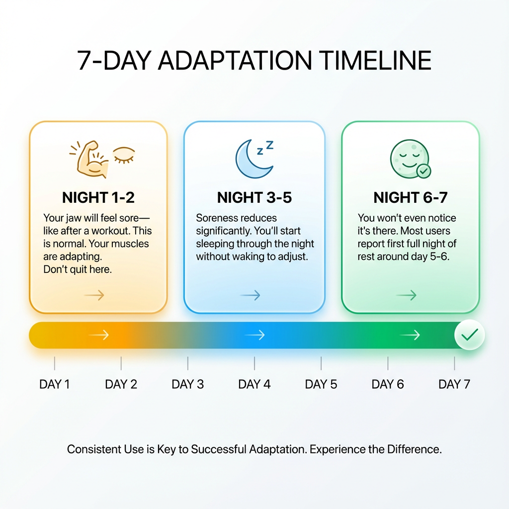Infographic titled ‘7-Day Adaptation Timeline’ showing how users adjust over one week. Three stages are displayed. Night 1–2: jaw soreness similar to a workout, described as normal muscle adaptation. Night 3–5: soreness reduces significantly and users begin sleeping through the night.